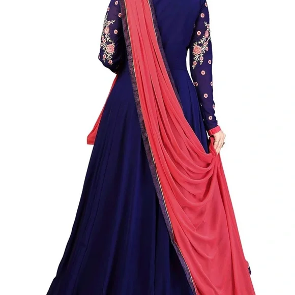 Elegant Navy Blue Floral Embroidered Dress - Picture 2 of 4